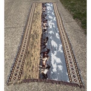 Vintage 90s C. Cummings Horses Fringe Throw Tapestry Blanket 13 FEET X 64 Inches